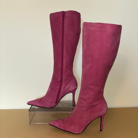 Colin Stuart Suede Stiletto Boots Womens 8.5 Hot Pink Pointed Toe Knee High Heel - Picture 1 of 9